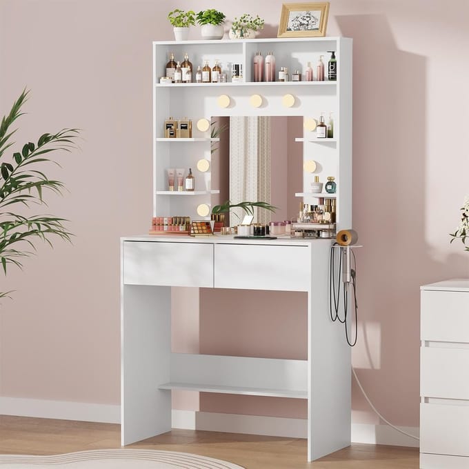 Kaptafel met spiegel - Make-uptafel - Beauty routine - Verstelbare LED verlichting - 2 lades 6 planken - Wit