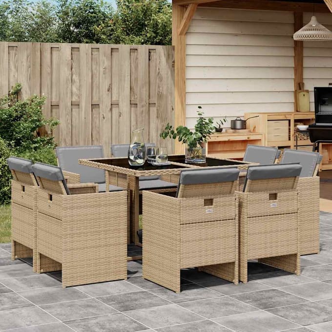 vidaXL - 9-delige - Tuinset - met - kussens - poly - rattan - gemengd - beige