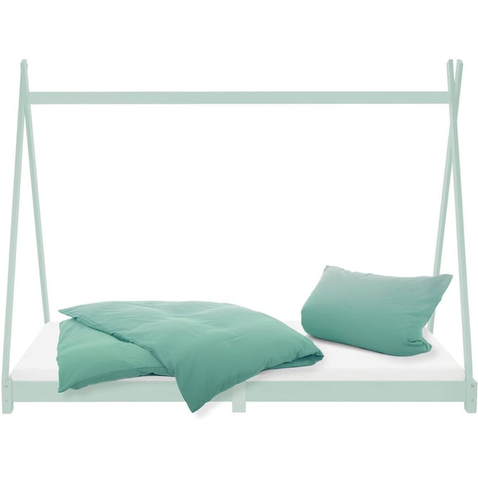 ML-Design tipi serie kinderbed 90x200 cm mint met koudschuimmatras lattenbodem en valbeveiliging massief grenenhout huisbed met hek junior bed in tentvorm speelbed voor meisjes en jongens houten kinderhuis vloerbed met stevig bedframe