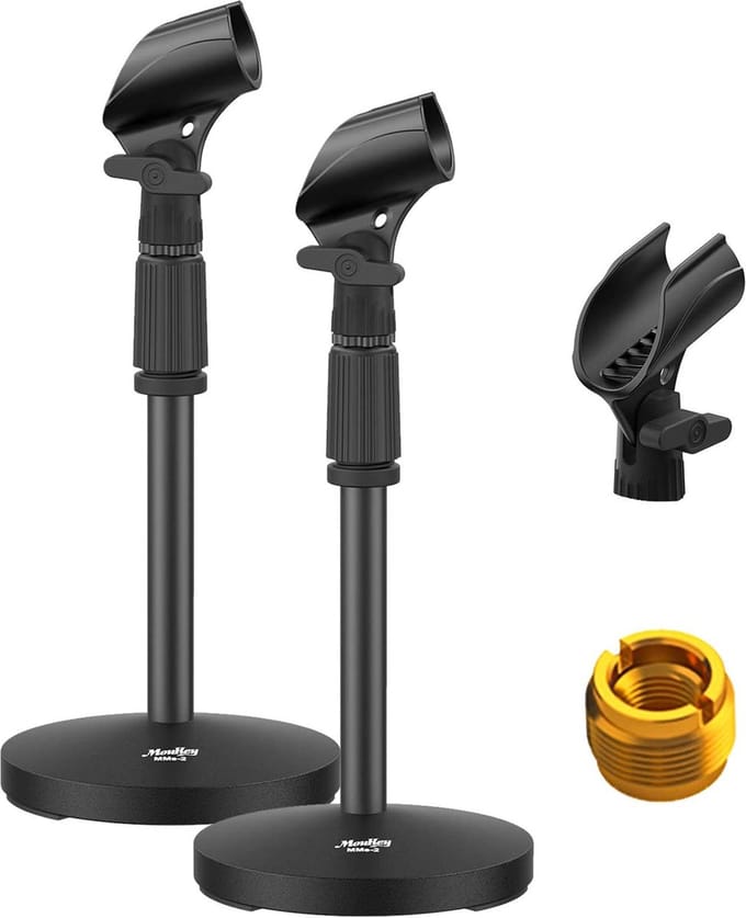 Moukey MMS-2 Microfoonstandaards – Set van 2 – In Hoogte Verstelbaar – Met Microfoonclip & Adapter – Zware Metalen Tafelstandaard – Anti-Slip – 22–47 cm