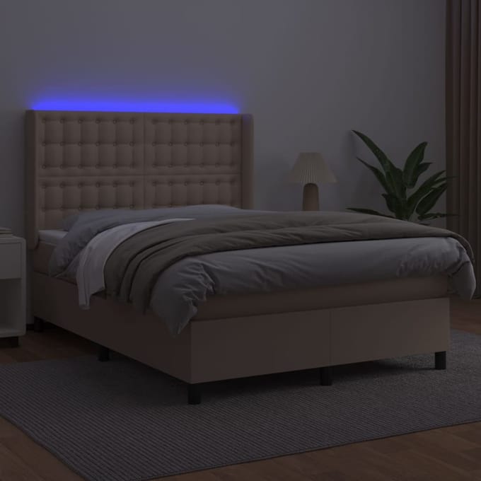 vidaXL - Boxspring - met - matras - en - LED - kunstleer - cappuccinokleur - 140x200cm