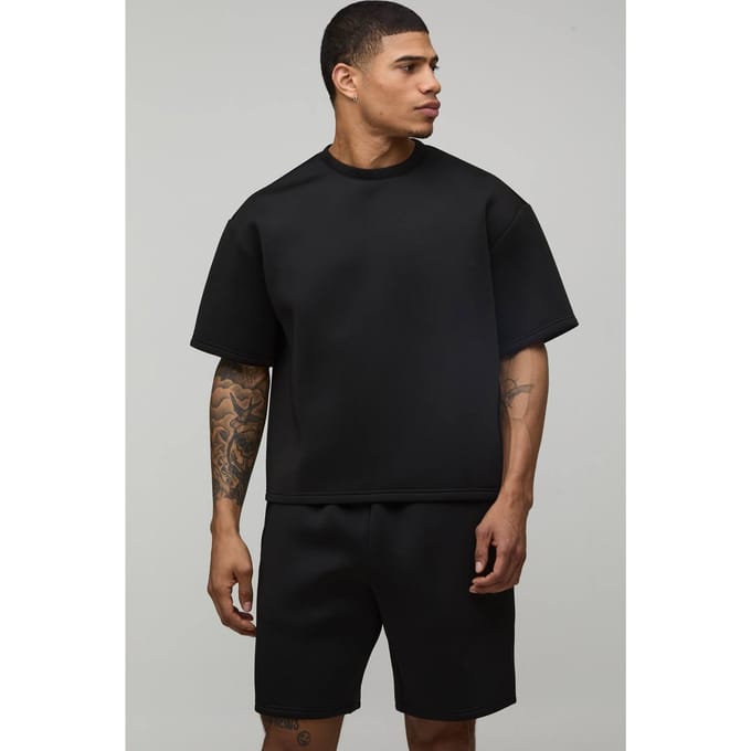 Oversized Boxy Bonded Scuba T-shirt & Ontspannen Short Set | Black | Size Medium