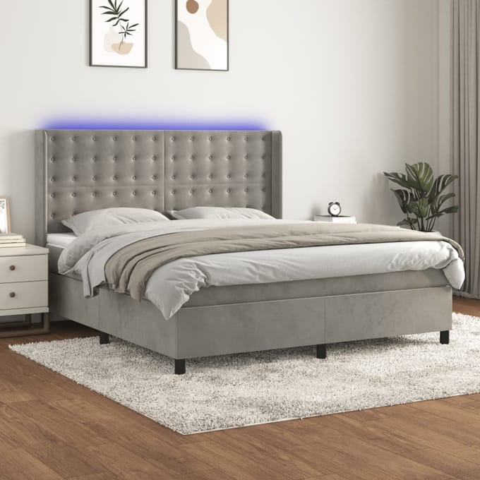 vidaXL - Boxspring - met - matras - en - LED - fluweel - lichtgrijs - 160x200 - cm