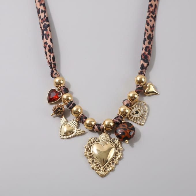 Dames Statement Ketting met Bedels – Luipaardprint & Goudkleurig RVS – Boho Ketting 43+5 cm