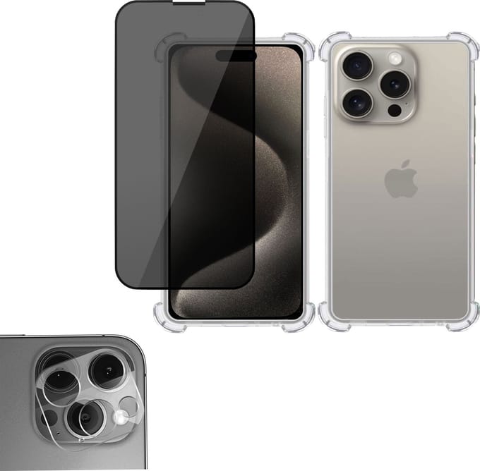 Hoesje geschikt voor iPhone 15 Plus + Privé Screenprotector + Beschermglas Camera Lens - Privacy Proteqt+