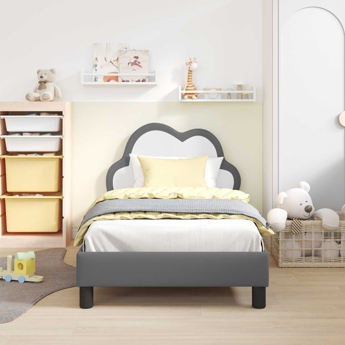 vidaXL - Kinderen - bedframe - met - hoofdboard - Lichtgrijs - 80 - x - 160 - cm - PU