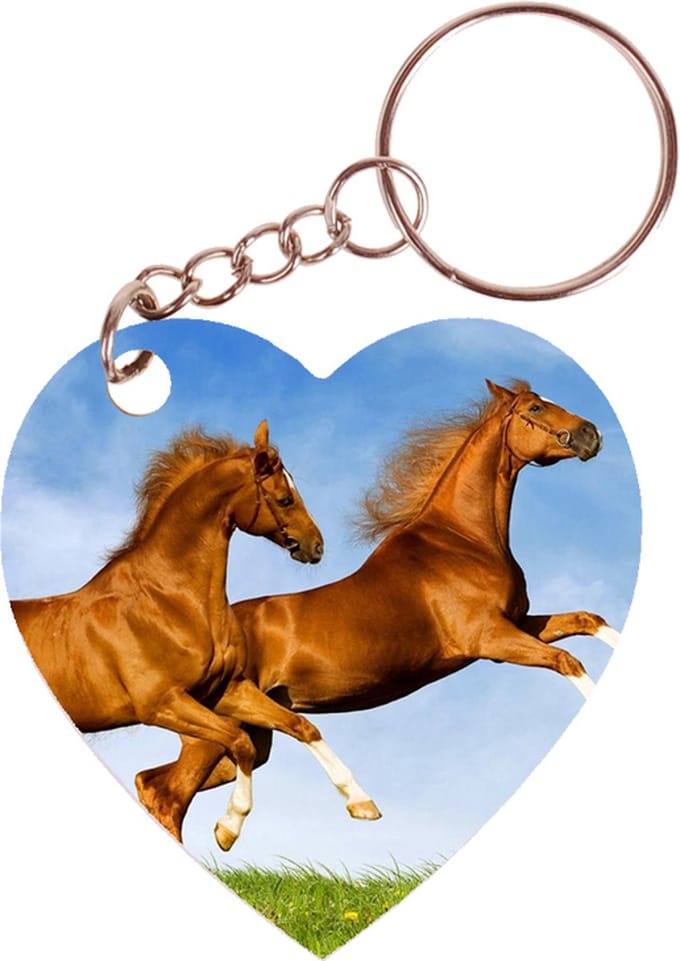 Sleutelhanger hartje 5x5cm - Bruine Paarden