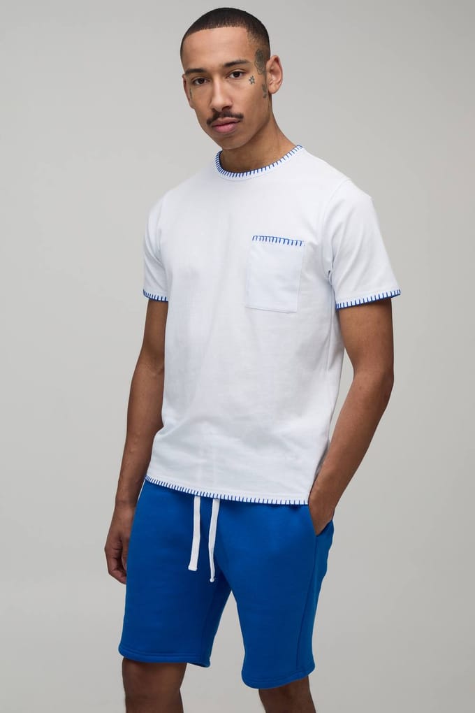 Contrasterende Deksteek Slim Fit T-shirt & Regular Fit Short Set | Blue | Size Medium