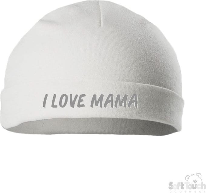 Soft Touch Mutsje Rolmutsje Bedrukt "I Love Mama" Wit/grijs Maat New Born Maat 56