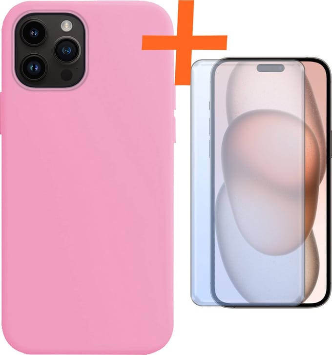 Hoes - Met Screenprotector - Geschikt voor Apple iPhone 15 Pro Max - Sterk & Shockproof - Back Cover - Siliconen Case - Telefoon Hoes - Lichtroze