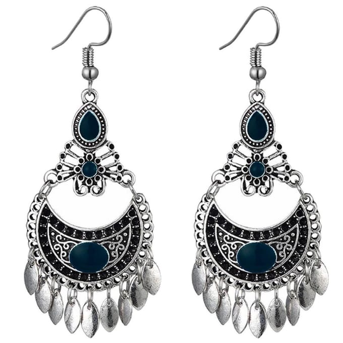 Fako Bijoux® - Oorbellen - Bohemian - Boho Leafs - Donkerblauw - Zilverkleurig
