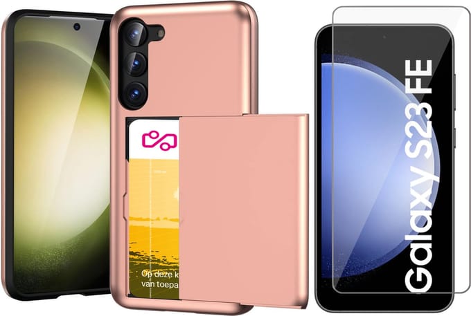 Hoesje met Pasjeshouder geschikt voor Samsung Galaxy S23 FE - Screen Protector GlassGuard - Back Cover SlideCase Roségoud & Screenprotector