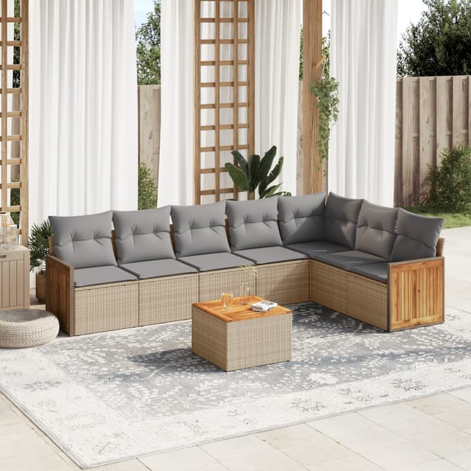 vidaXL - 8-delige - Loungeset - met - kussens - poly - rattan - beige