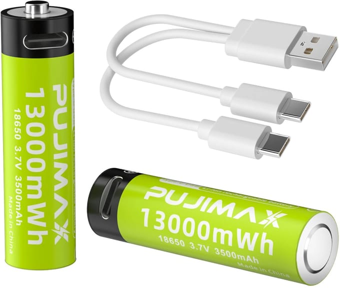 PUJIMAX 18650 Oplaadbare Li-Ion Batterij 7400mWh met 2in1 USB Type-C Kabel (2stuks)