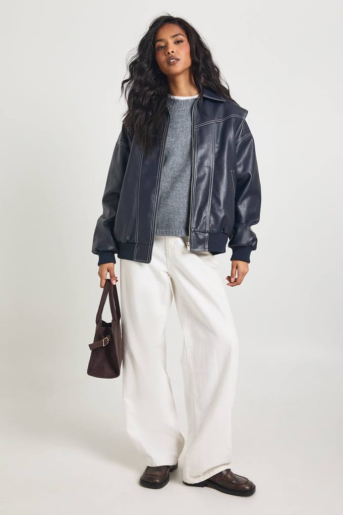 boohoo Dames Kunstleren Bomberjack met Contrasterende Stiksels | Navy | Maat: 12