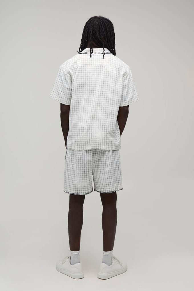 Geruit Ruitpatroon Deken Steek Oversized Korte Mouw Shirt & Wijde Korte Broek Set | White | Size Medium