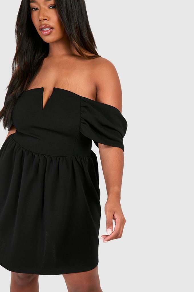 boohoo Dames Plus Bardot Drop Shoulder Skater Jurk | Zwart | Maat: 56