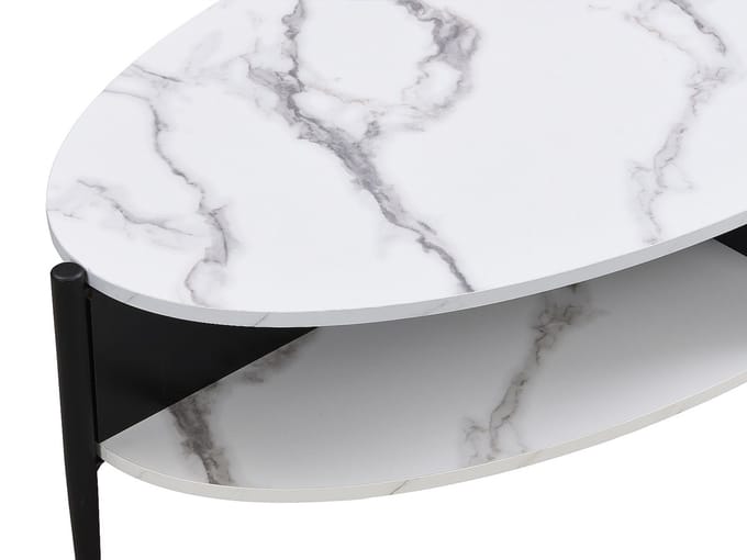 Vente-unique Ovale salontafel met 4 nissen van MDF en metaal - Wit marmereffect en zwart - EVARO