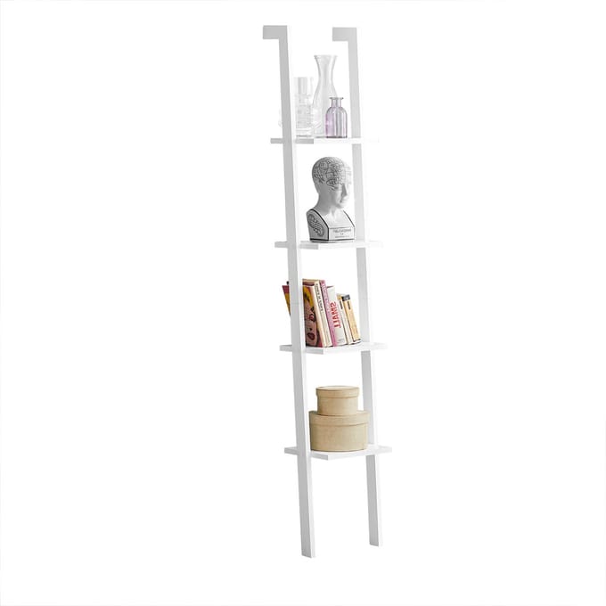 SoBuy FRG15-W Wandplank met vier planken, vrijstaande ladderplank, boekenplank, badkamerplank, wit, breedte: 33 cm
