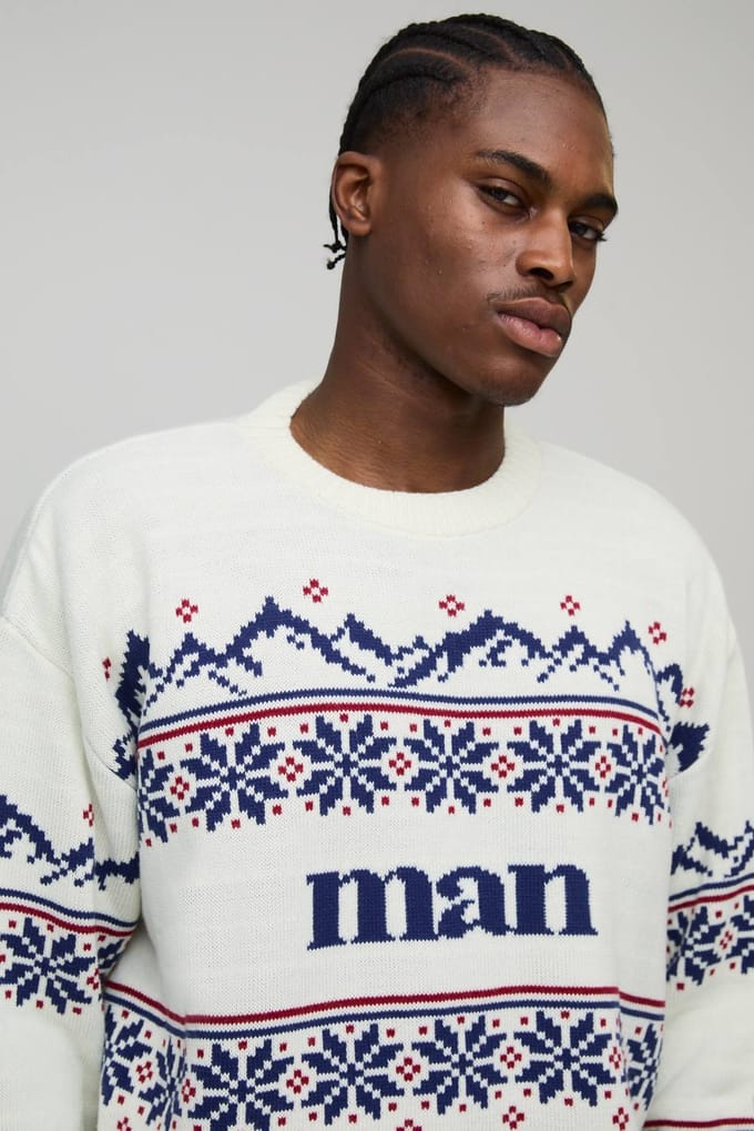 Oversized Boxy Fair Isle Kerst Gebreide Trui | Ecru | Size XL