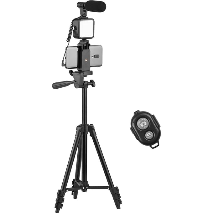 Andoer Telefoon Vlog Videokit met in hoogte verstelbare statieftelefoonhouder met Cold Shoe-microfoon zwart