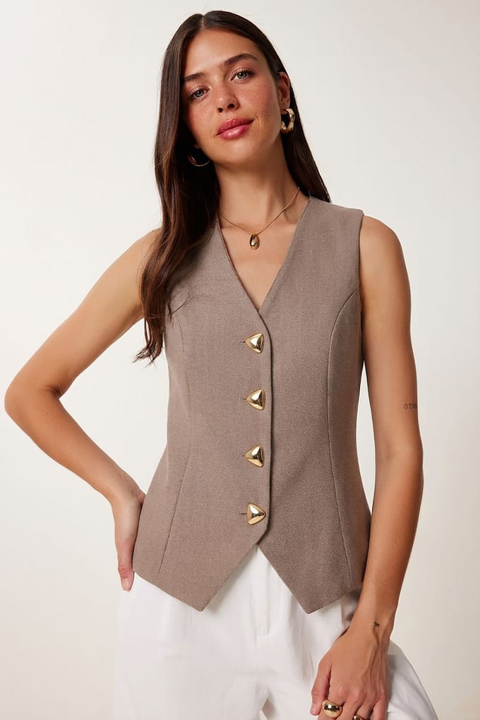 Aansluitende Crepe Gilet Met Knopen