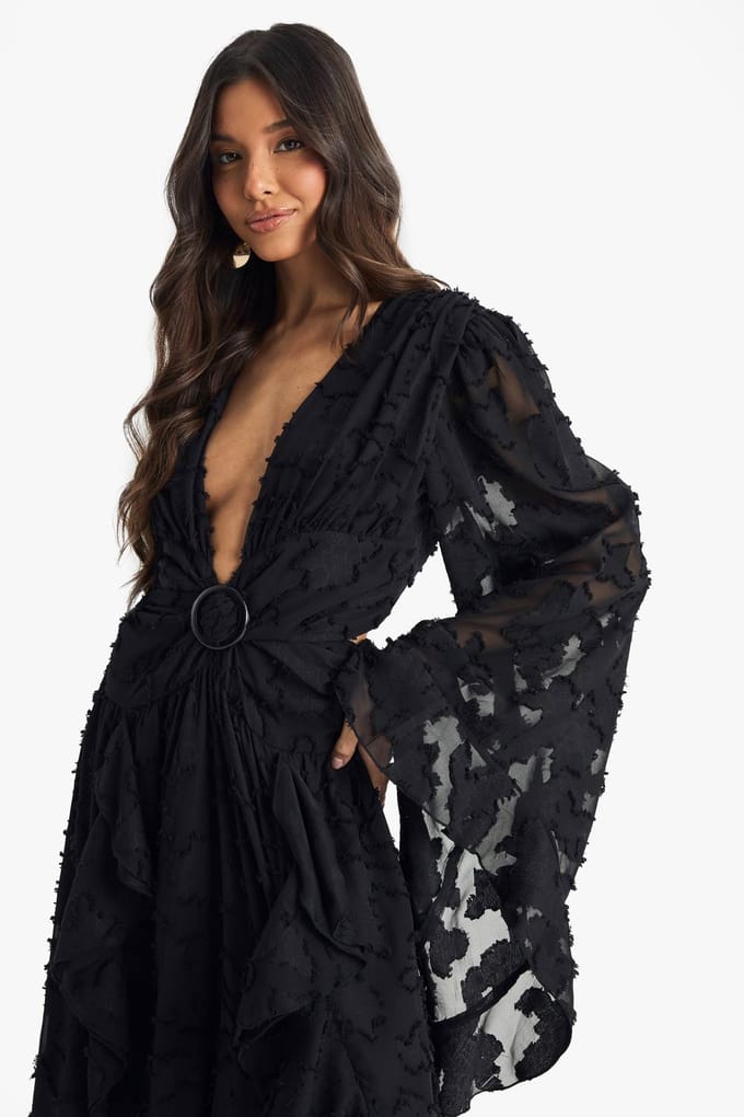 boohoo Dames Maxi-jurk met textuur, split en uitgesneden details | Zwart | Maat: 42
