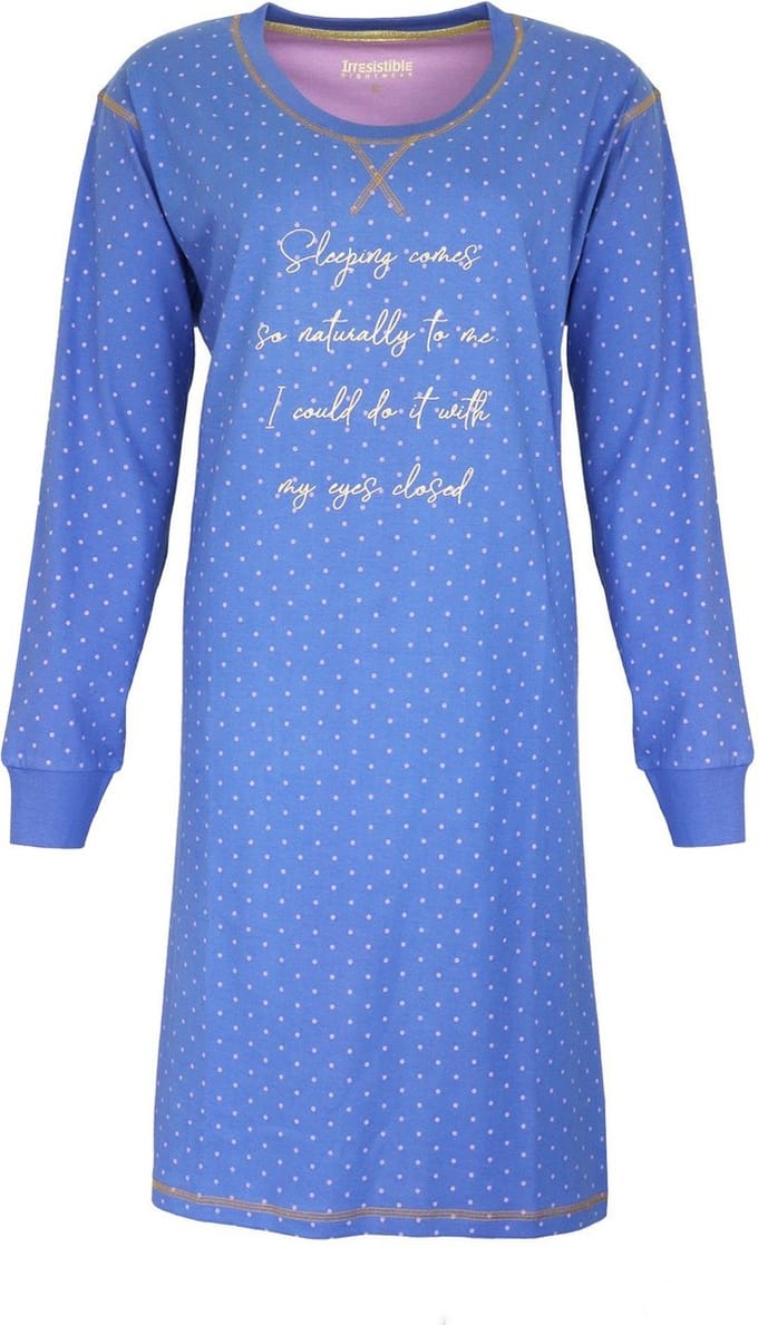 Irresistible Dames Nachthemd - Katoen - Wit Stippen - Blauw - Maat M