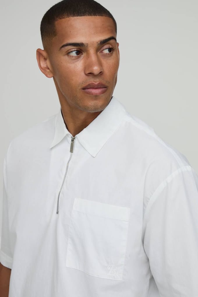 Oversized Boxy Shirt Met Kwart Rits En Korte Mouwen | White | Size Small