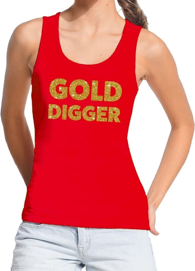 Gold Digger glitter tekst tanktop / mouwloos shirt rood dames - dames singlet Gold Digger M