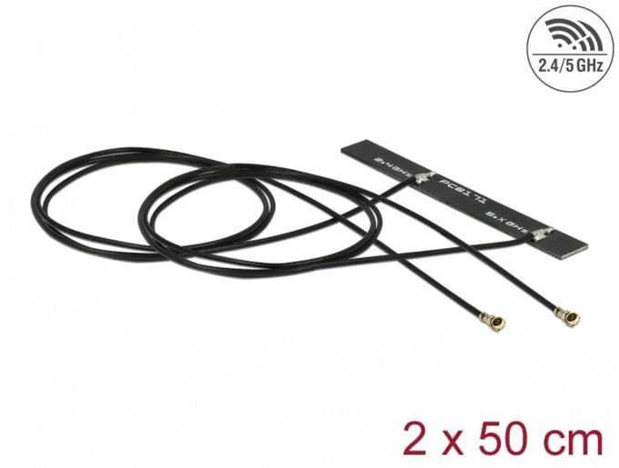 Delock Dual Band WLAN WiFi 6 Twin Antenna 2 x I-PEX Inc., MHF® 4L plug 3 - 5 dBi 1.13 2 x 50 cm PCB internal self adhesive