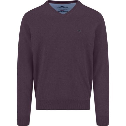 Fynch-Hatton Trui Solid Color Superfine 3-Ply Cotton V-Neck Aubergine / male