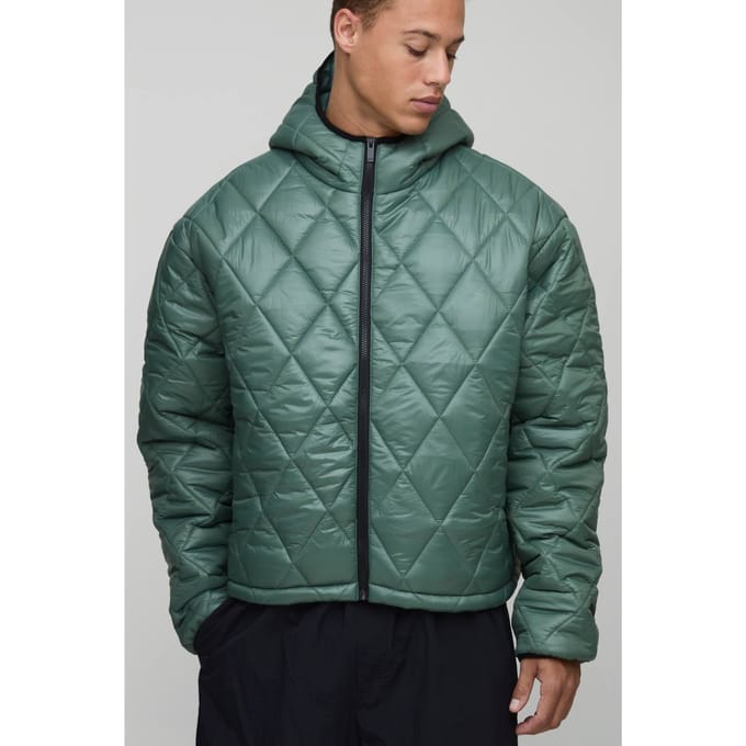 Hoge oversized boxy hoogglanzende gewatteerde capuchon funnel puffer jas | Khaki | Size Medium