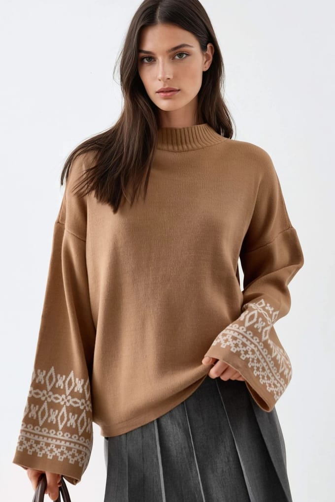 Crew Neck Jacquard Gebreide Trui