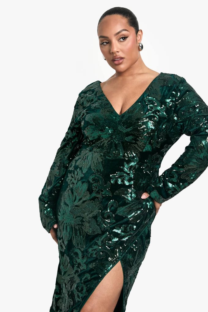 boohoo Dames Plus Velvet Demask Wrap Midi-jurk | Emerald | Maat: 28