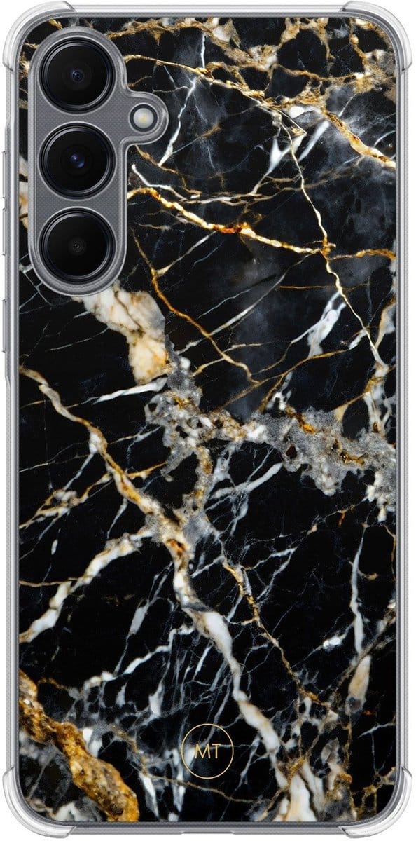 Hoesje (shockproof) geschikt voor Samsung Galaxy A15 - Black marble elegance - Extra sterke case - TPU/polycarbonaat - Marmer - Zwart, Transparant
