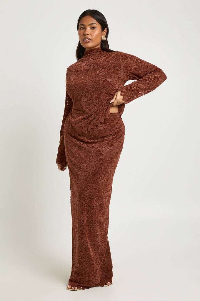 boohoo Dames Plus Premium Kanten Maxi Rok | Chocolate | Maat: 16