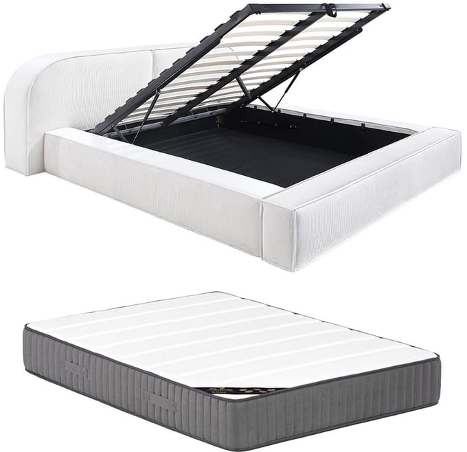 Vente-unique Bed met opbergruimte fluweel crème 180 x 200 cm (Super King Size Bed)
