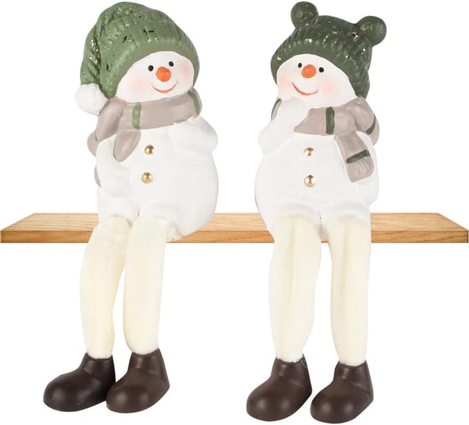 Dekoratief | Sneeuwman m/hangbenen, wit/groen, TC, 6x6x10cm, set van 2 stuks | A255409