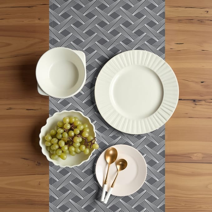 ABAKUHAUS Tafelloper met rasterpatroon 40×225 cm – Grijs-Wit, Polyester