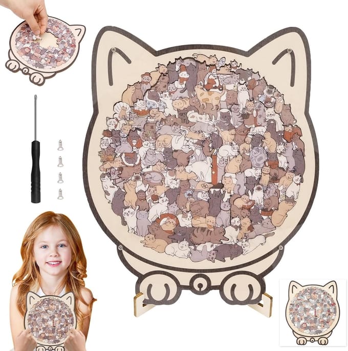 Houten Puzzel - Dierenpuzzel Kat - Ontspanning Thuis - Unieke Kat Vorm - 20x24cm - Morandi Kleuren