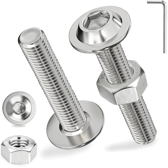 RVS M6 Platte Schroeven 50 Sets M6 x 10 mm met Moeren en Flens voor Houtverbindingen en Meubelassemblage