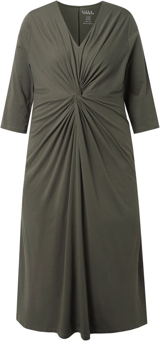 Ulla Popken - Dames - Maxi-jurk gedrapeerd A-lijn V-hals 3/4-mouwen - Olijfgrijs - Maat 58+