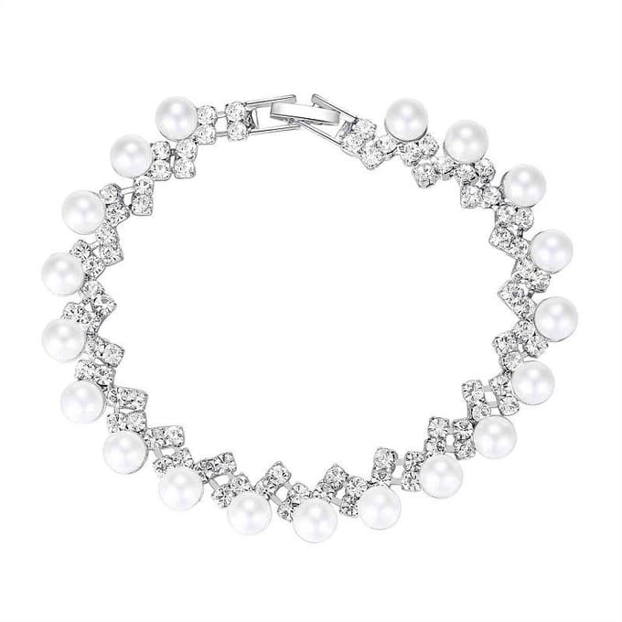 Mode Drie Delig Bruids Sieraden Set Elegante Strass Parel Oorbellen Ketting Armband Set 2 blue