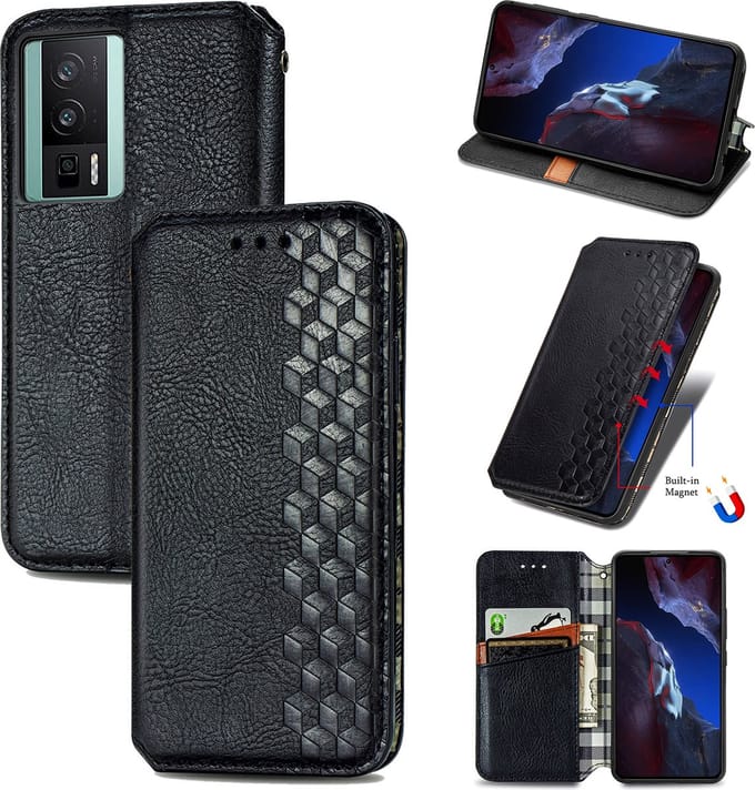 Luxe PU Lederen Ruitpatroon Wallet Case + Screenprotector voor Xiaomi Poco F5 Pro _ Zwart