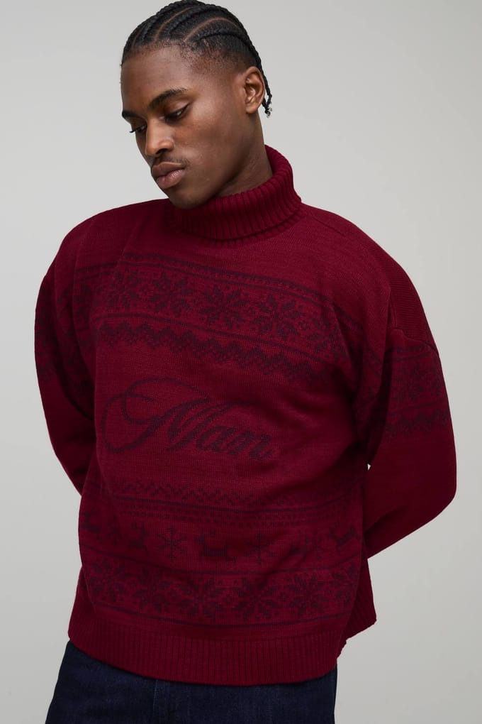 Oversized Boxy Roll Neck Christmas Fair Isle Knitted Jumper | Burgundy | Size Medium
