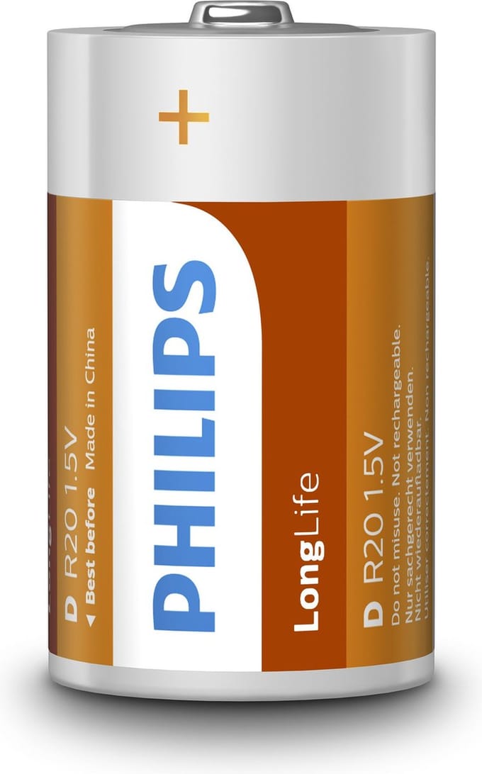 Philips Longlife Battery Zinc D/R20 2pcs.