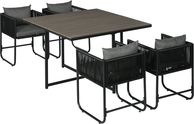 Gutent Dining Loungesets - 5 Delig - Polyratten - Eettafel - 4 Stoelen - Bijzettafel - Stijlvolle Eetgroep - Grijs