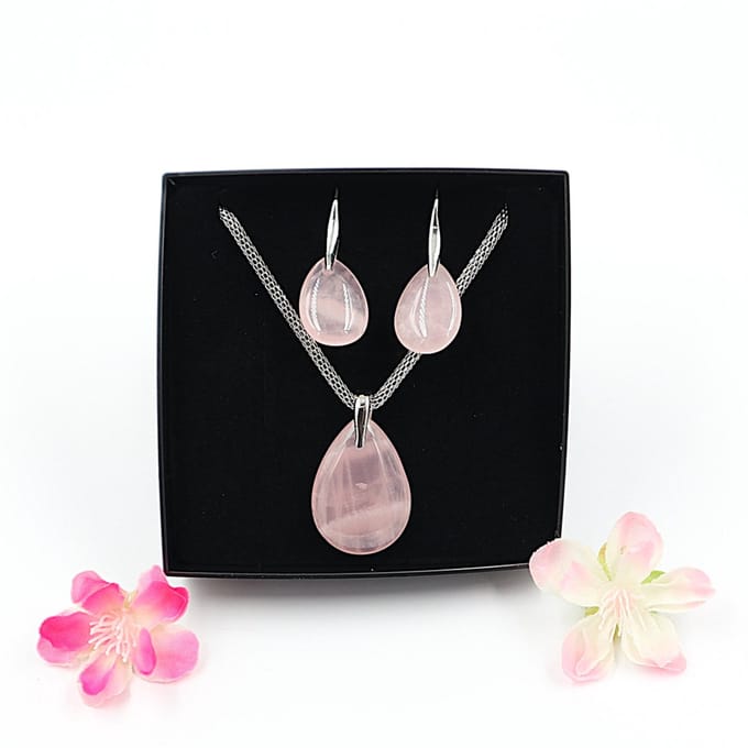 Gemstone set ketting en oorbellen Roze kwarts