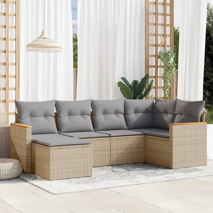 vidaXL - 6-delige - Loungeset - met - kussens - poly - rattan - gemengd - beige